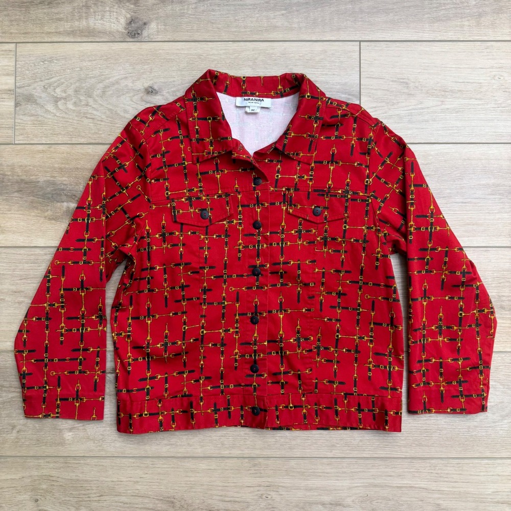 Vintage Nira Nira Red Horsebit Print Jacket M Button Down‎ Equestrian Old Money